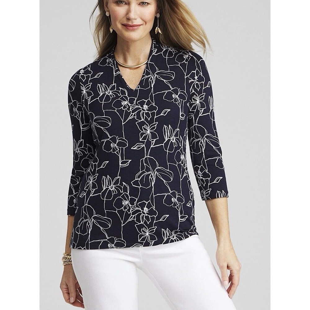 Chico's Sze-4 US(XXL) TOUCH of COOL FLORAL TEE Dark‎ Navy Blue